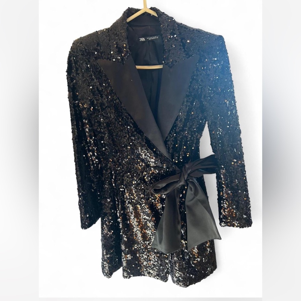 Zara Black Sequin Blazer with Satin Bow